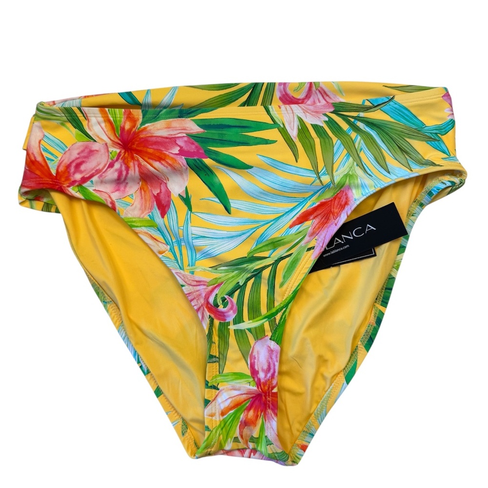 NWT La Blanca Women's Yellow Floral Bikini Bottom Tummy‎ Control Swimwear 12